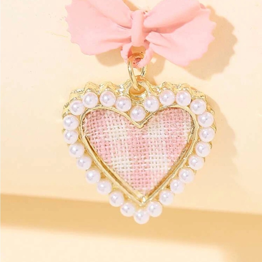 Pink Gingham Heart Earrings, Pink Heart and Bow Earrings, Barbie Earrings - Picture 2 of 4